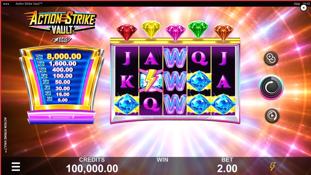 Interface do jogo de slot Action Strike Vault com elementos neon e espaciais