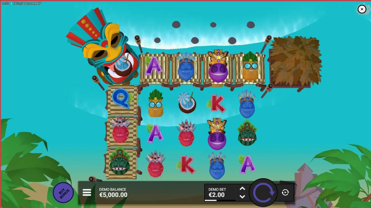 Totem Tiki vibrante e frutas tropicais no slot Tikitopia BoosterBelt