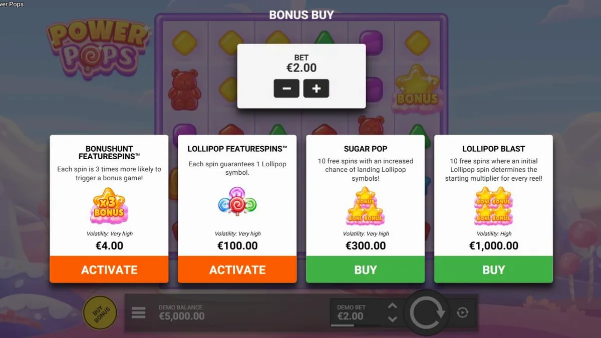 Interface do slot Power Pops em um dispositivo móvel